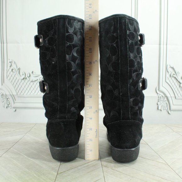 Coach Tinah Monogram Black Suede Lined Buckle Mid Calf Boots Size 7.5 B - Picture 8 of 9
